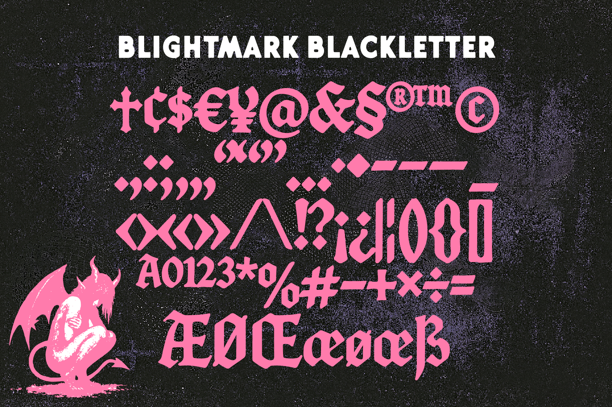 Bold pink typeface showing special characters on dark textured background with devil mascot
