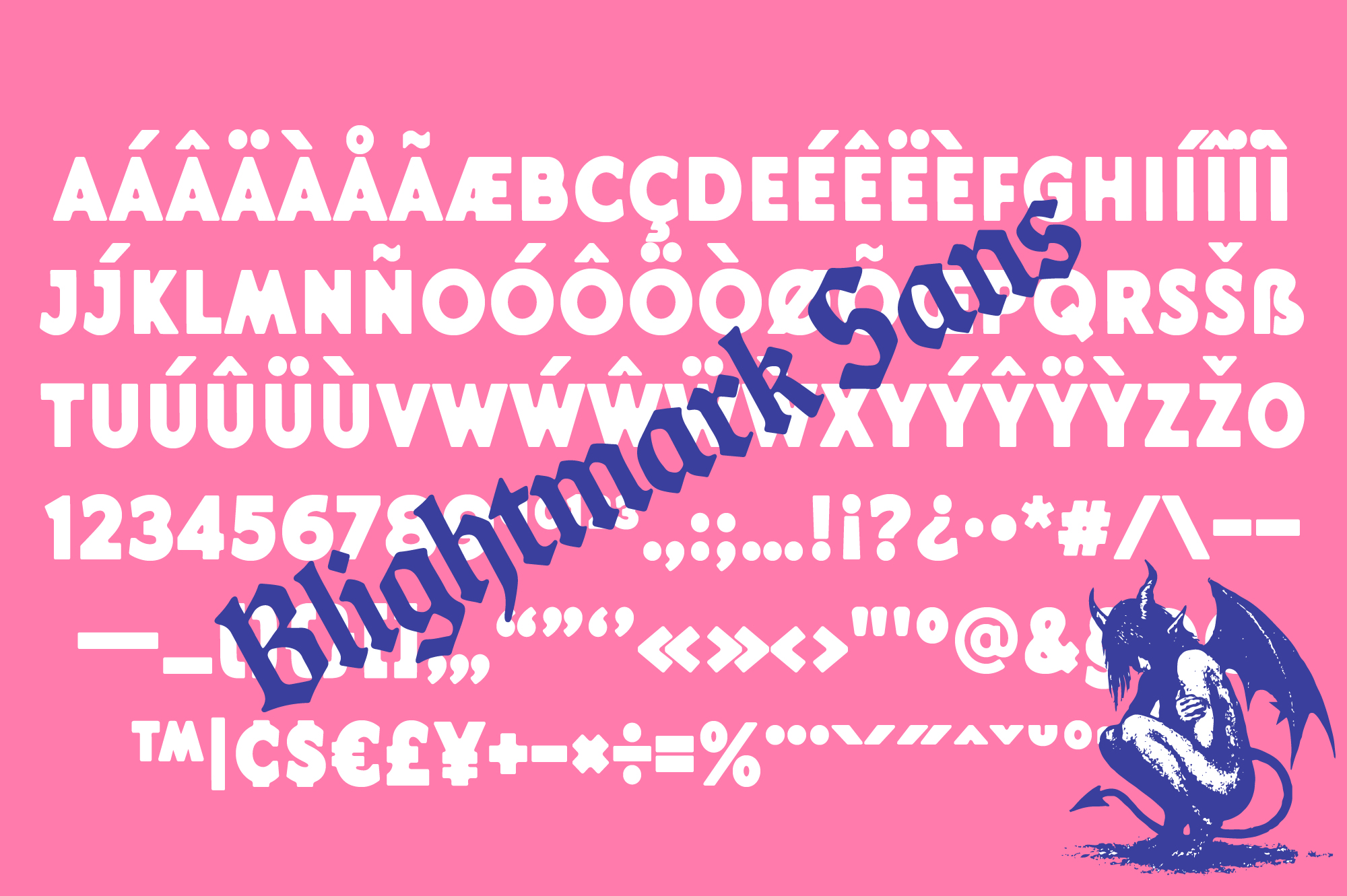 Bold typeface with international characters, numbers, symbols on hot pink with navy dragon graphic overlay
