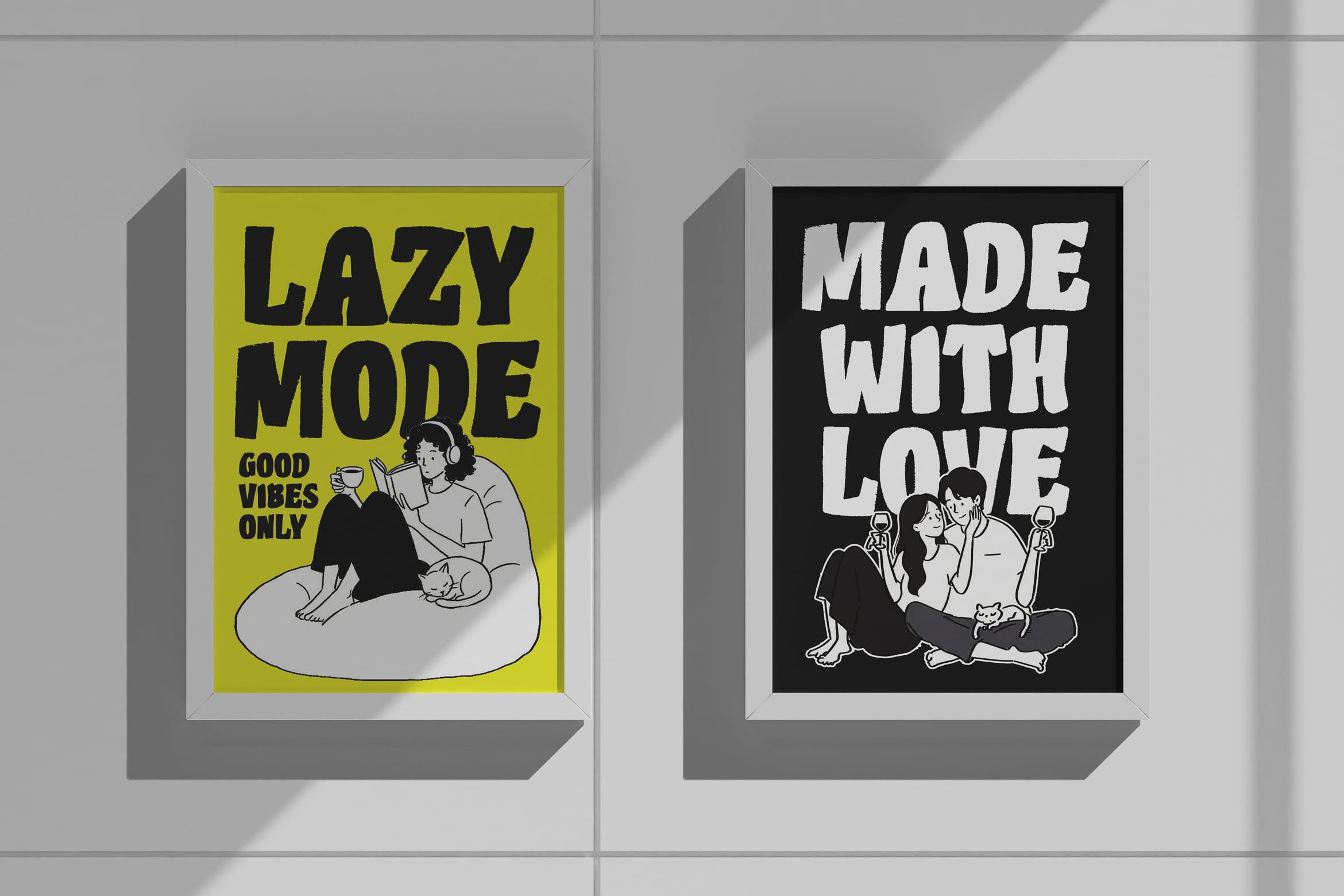 Two framed posters in white frames showing retro line art designs, one lime green with "Lazy Mode Good Vibes Only" text, one black with "Made With Love" text