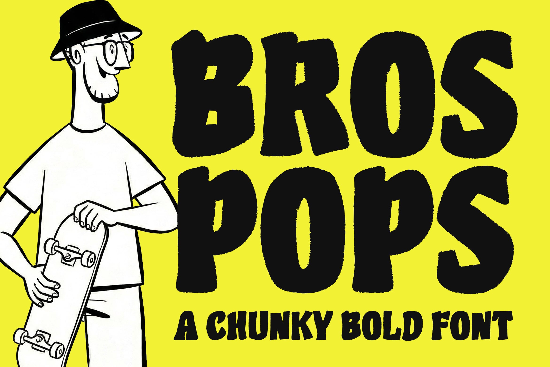 Bros Pops chunky bold font with retro skater character on bright yellow