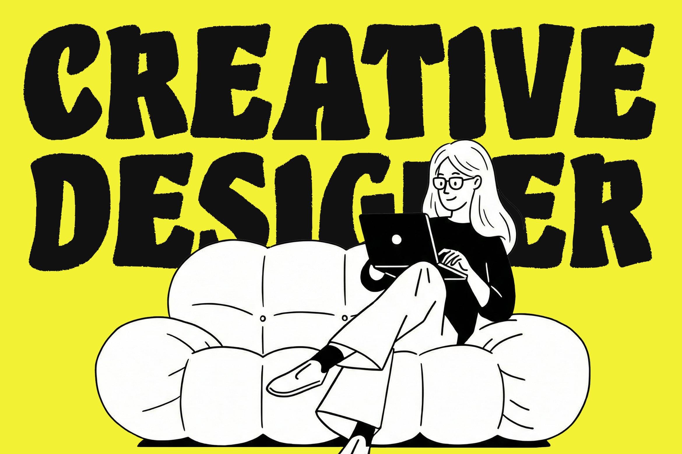 Designer woman with laptop sitting on puffy cloud, bold black lettering on bright yellow background