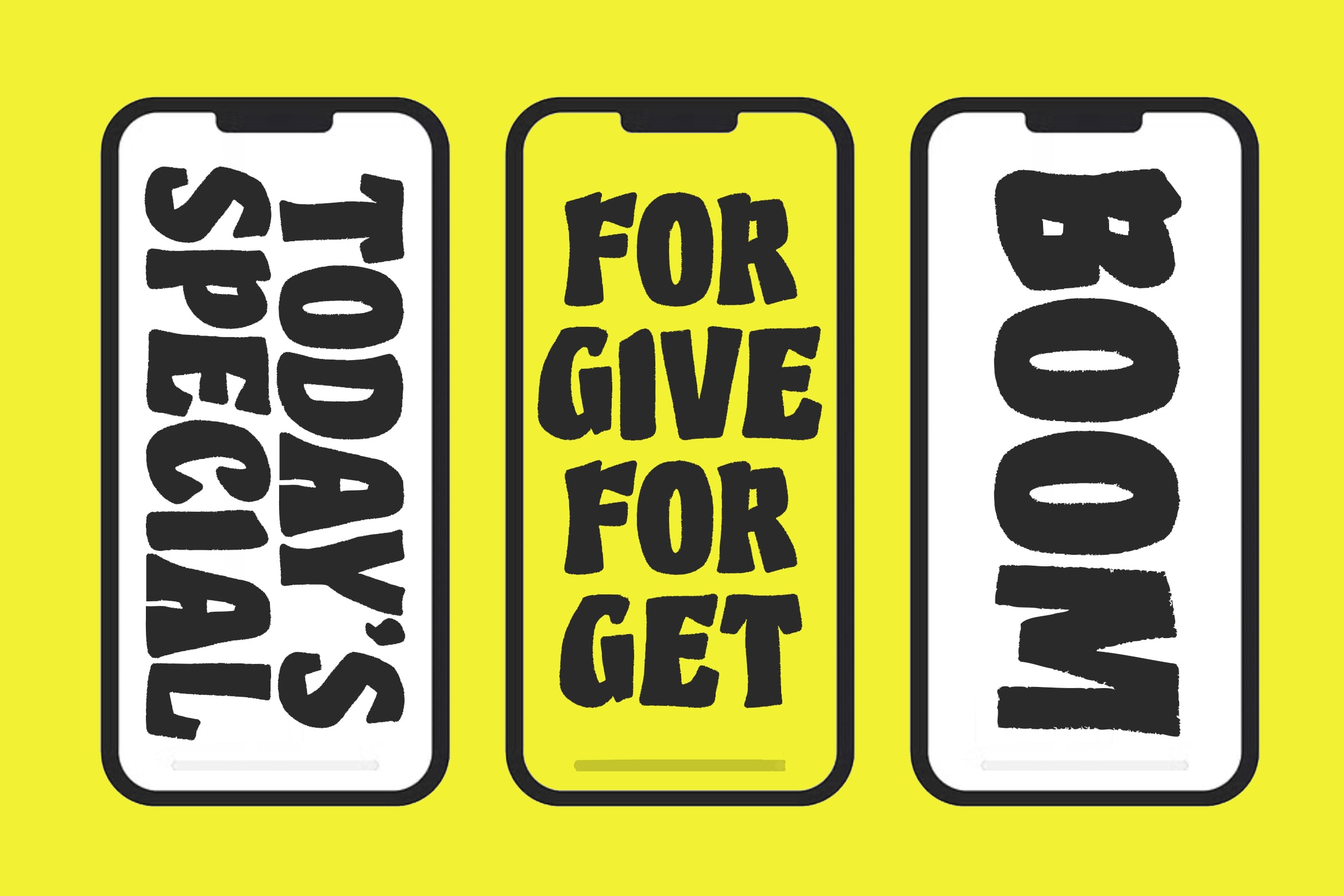 Three phone mockups with bold black text on bright yellow background showing charity campaign messages