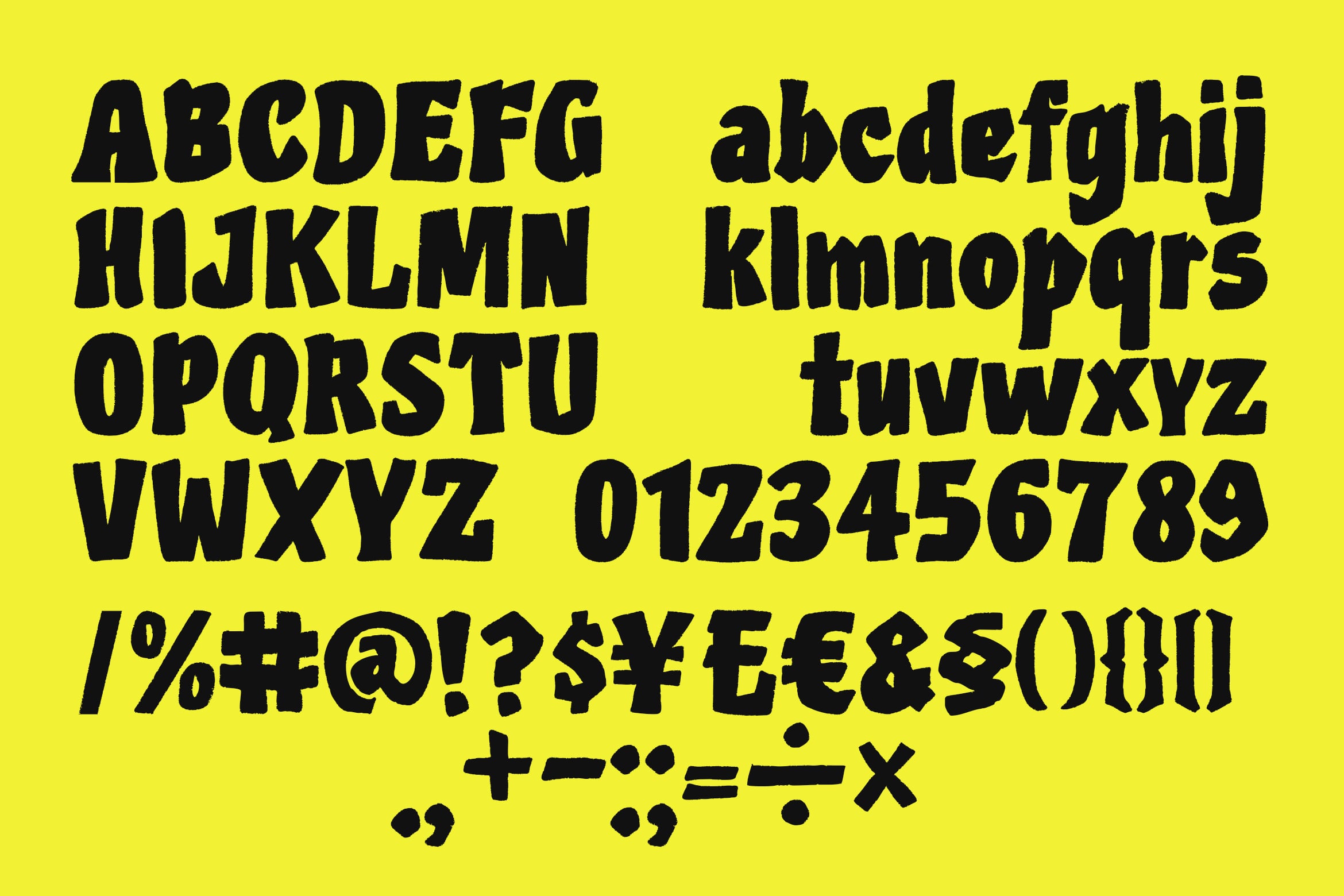 Bold display font with chunky black letters, numbers, symbols on bright yellow background