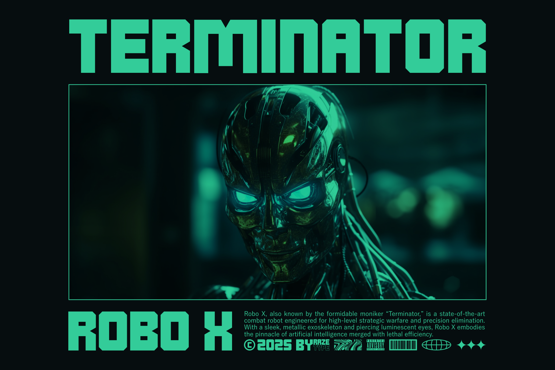 Glowing green robot head with neon eyes on dark background, cyberpunk vibes