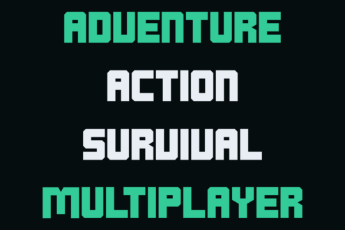Bold retro gaming font with mint green, white, thick blocky letters on black background