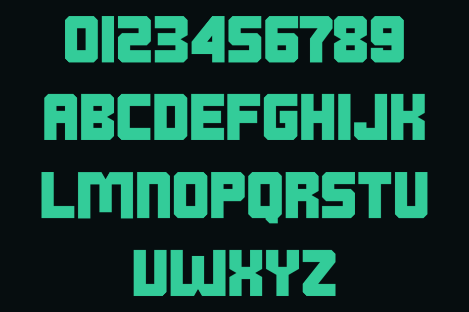 Bright mint geometric font with blocky letters on dark background showing full character set