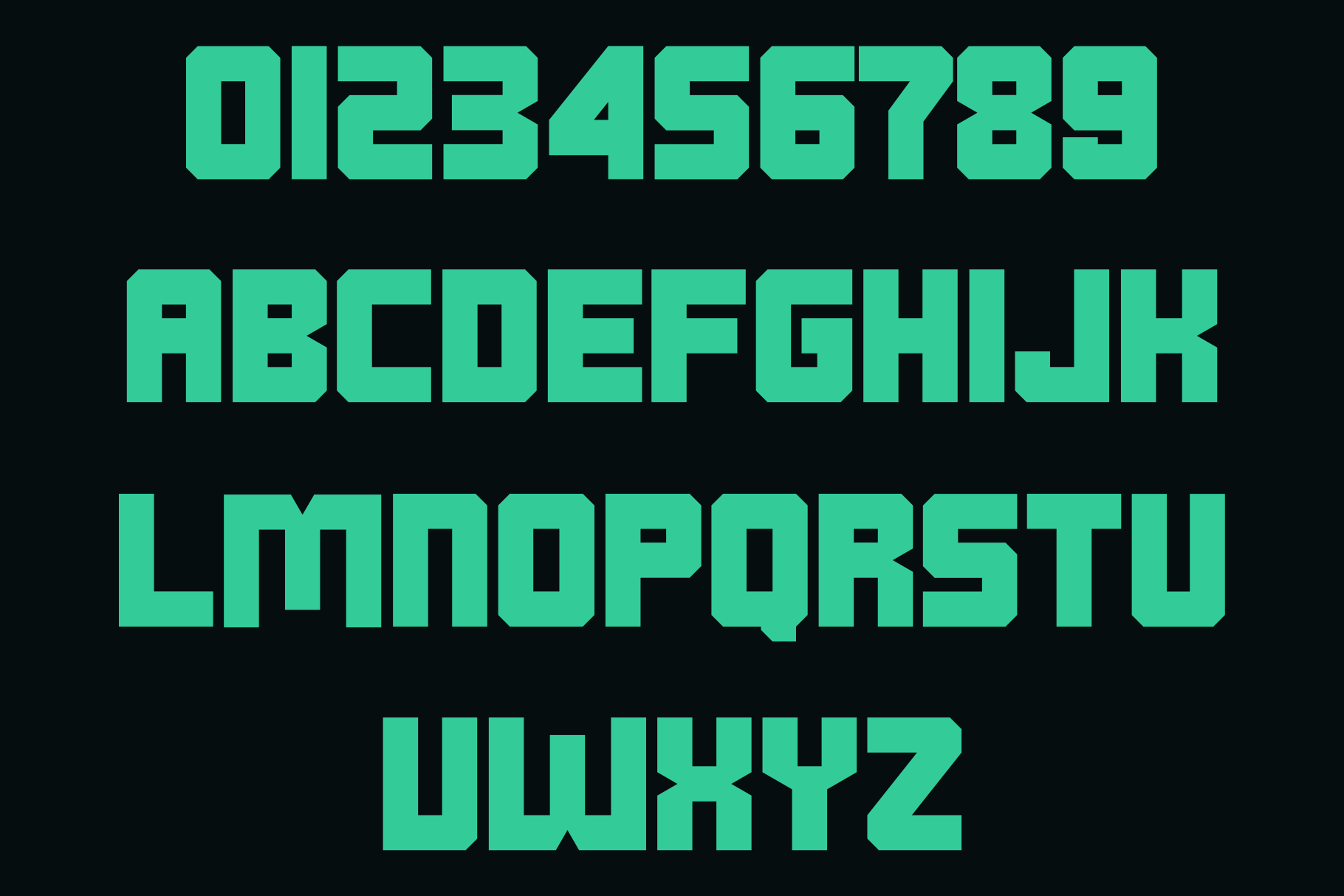 Bright mint geometric font with blocky letters on dark background showing full character set
