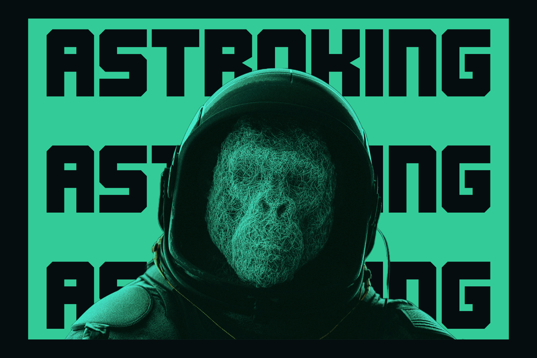 Sci-fi astronaut with glitchy face wearing headphones on bright mint background