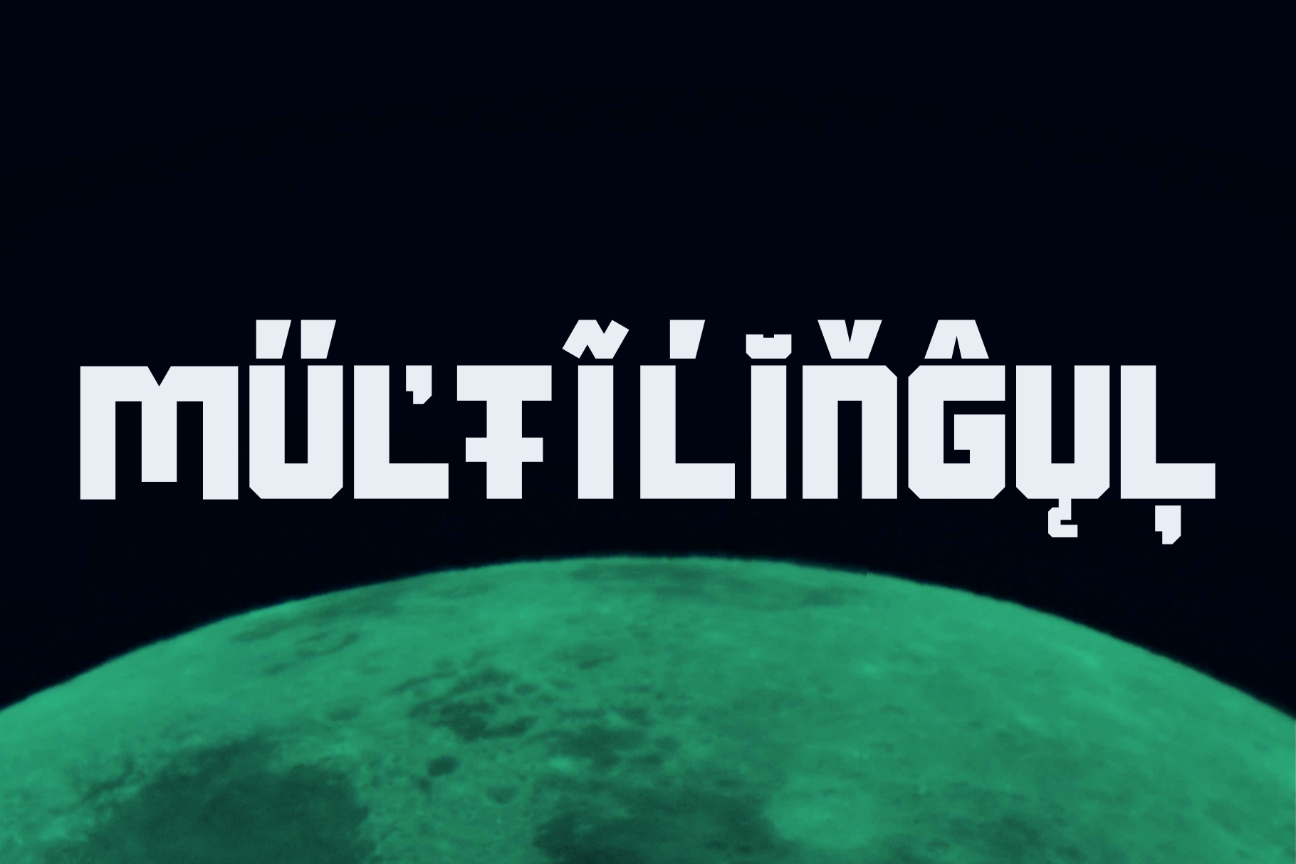 Bold white geometric typeface with Arabic script floating over textured green sphere on black