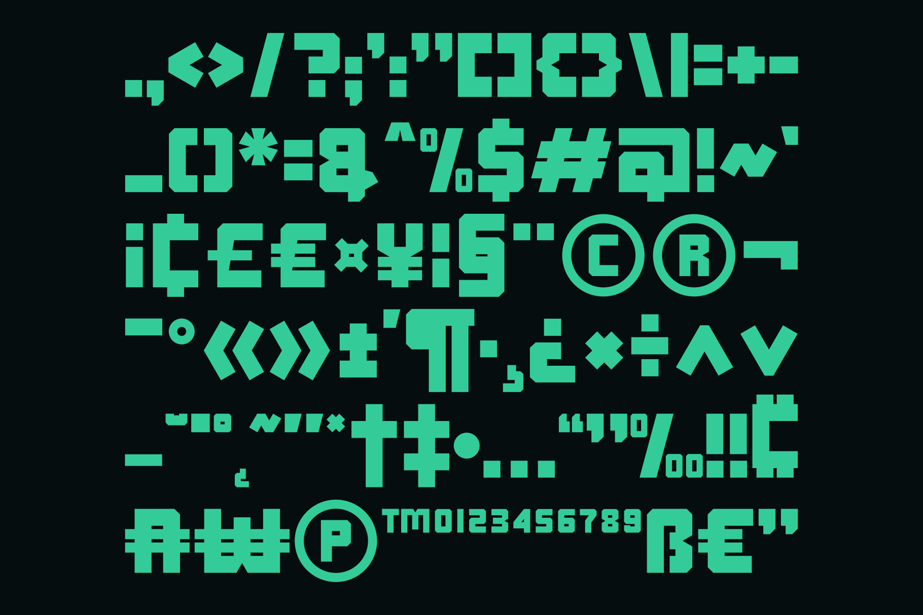 Bright mint green tech font with symbols, numbers, copyright marks on dark background