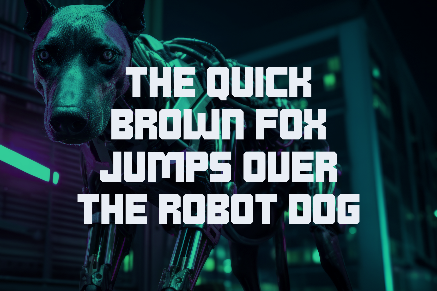 Cyberpunk dog with neon green glow holding guns in sci-fi setting with bold white text overlay