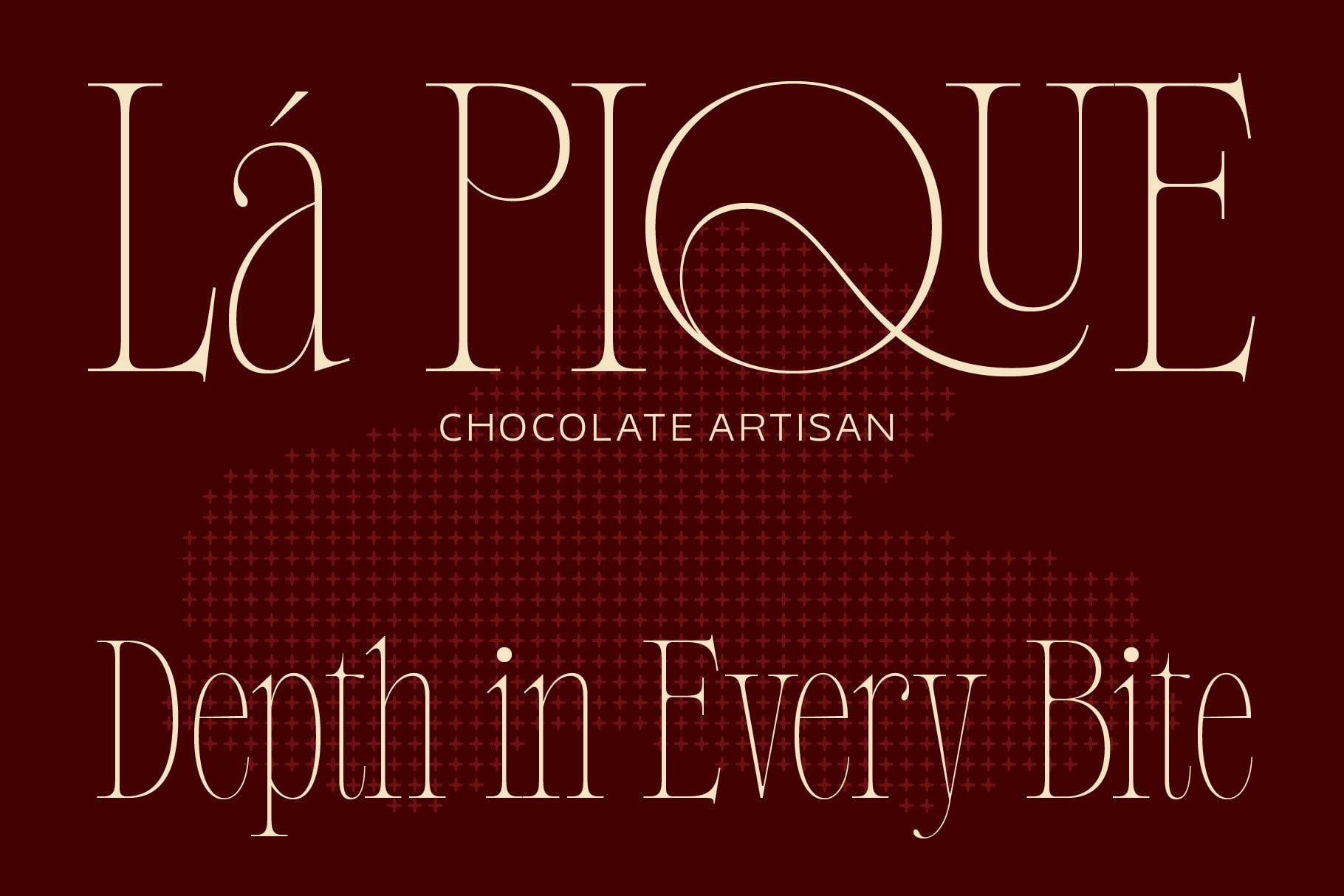 Elegant serif font on deep burgundy background with "La Pique Chocolate Artisan" branding