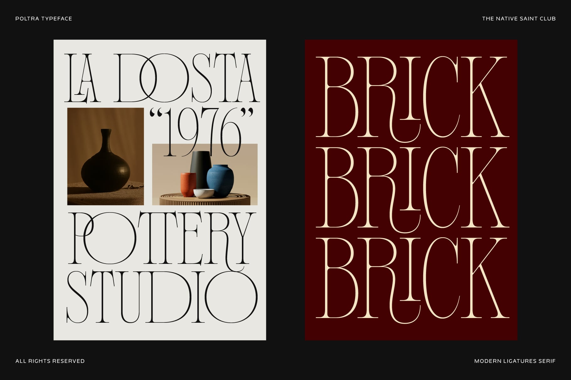 Poltra typeface poster with pottery studio branding, vintage 1976 aesthetic