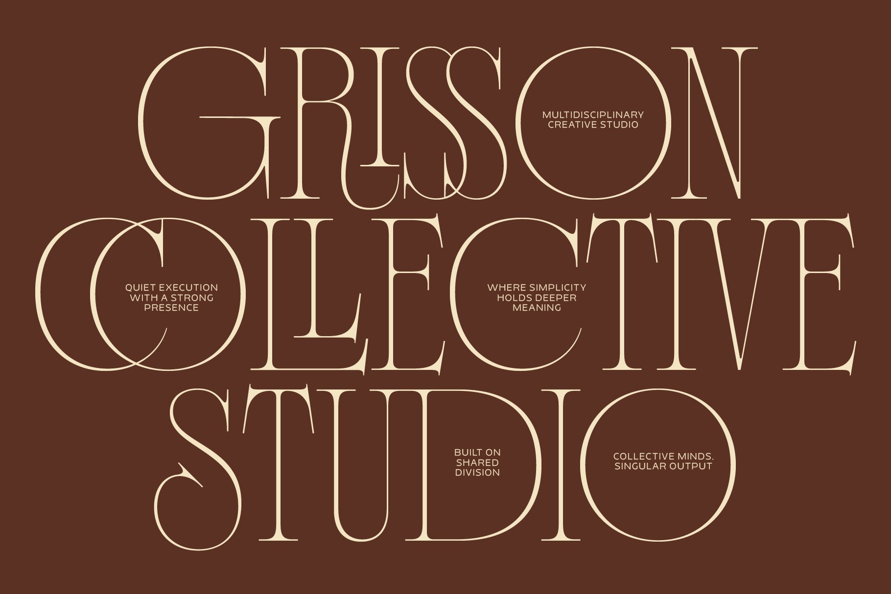 Elegant serif typeface with cream outlines on rich brown background, studio branding mockup