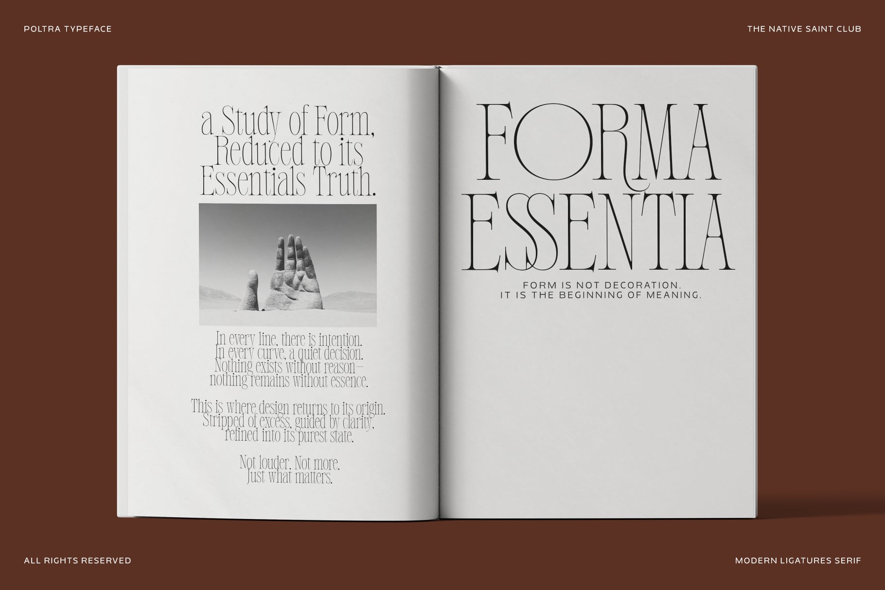 Open book spread showing Poltra typeface with elegant serif lettering on left page, large "Forma Essentia" title on right, black stone hand sculpture photo in center