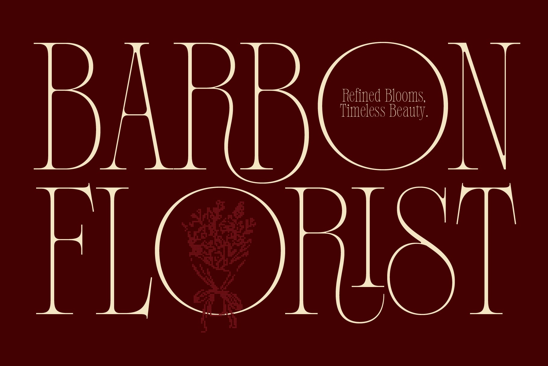 Elegant serif typography on deep burgundy with botanical circle details, tagline reads "Refined Blooms. Timeless Beauty."
