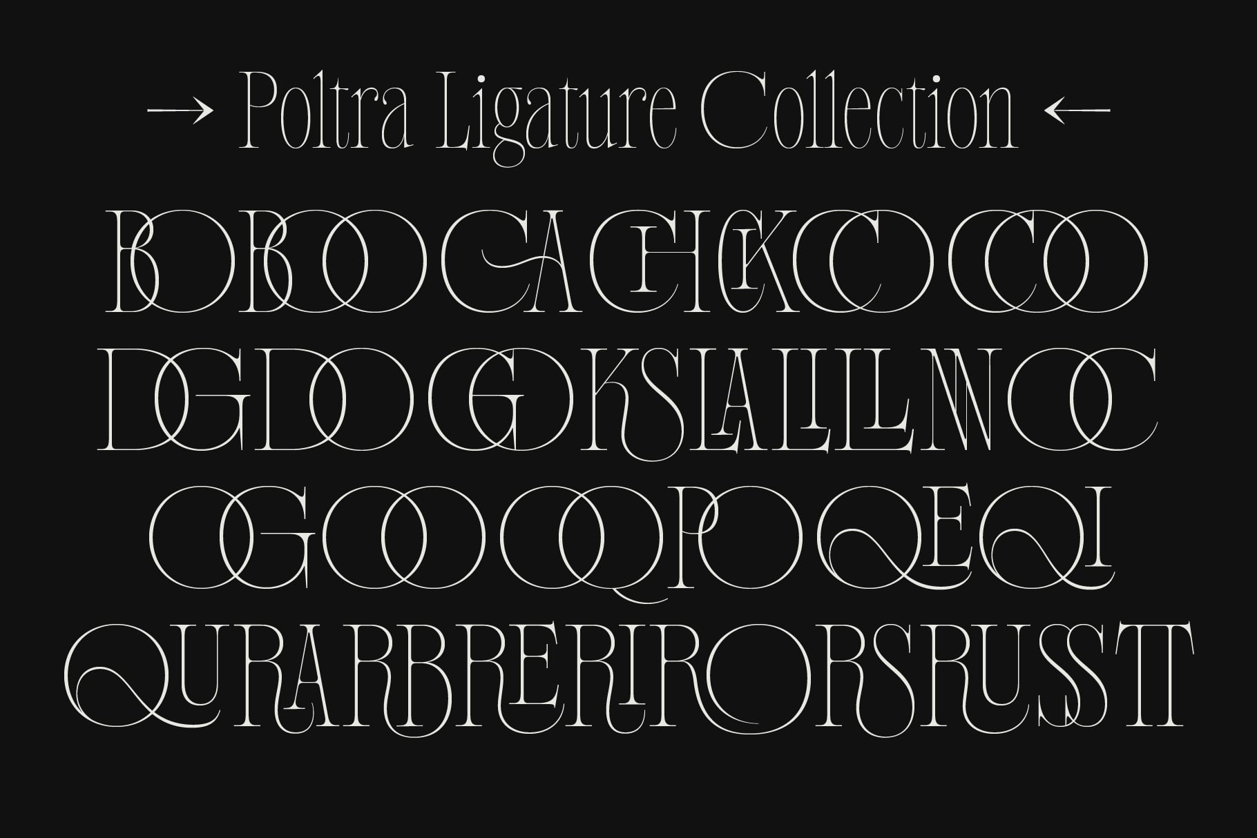 Poltra Ligature Collection showing elegant serif font with decorative circular connectors on black background