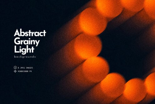 Moody dark blue background with glowing orange bokeh orbs, grainy texture throughout, 8 JPEG images included