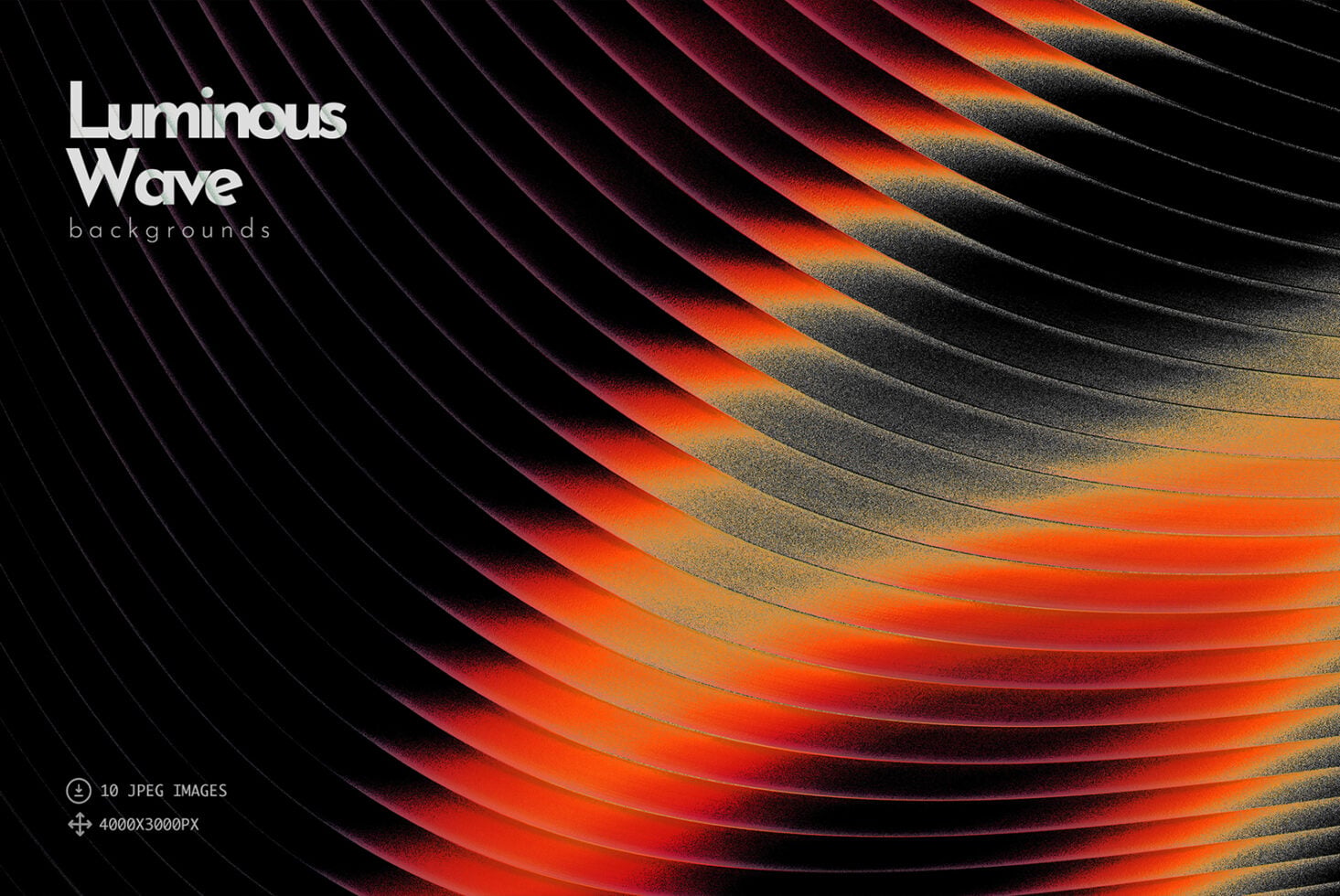 Glowing wave layers flowing from deep purple to bright orange on black with grainy texture