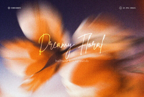 Dreamy floral halftone backgrounds with neon script overlays in warm oranges, purples, soft textures