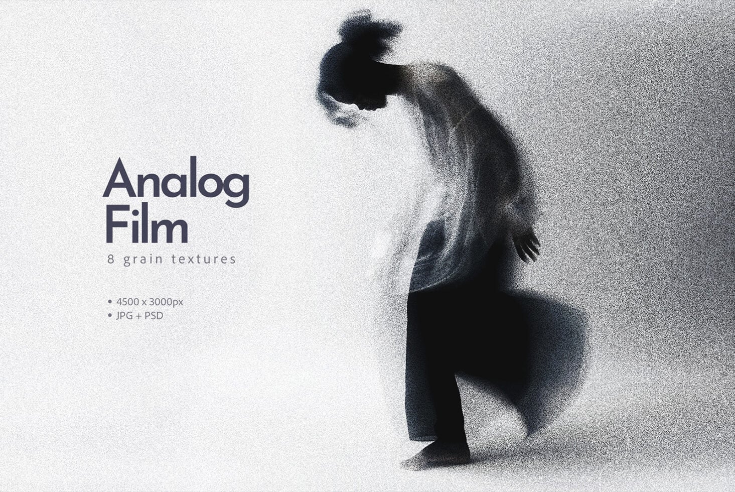 Moody black silhouette with heavy grain texture overlay, analog film aesthetic pack with 8 grainy overlays