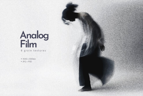 Moody black silhouette with heavy grain texture overlay, analog film aesthetic pack with 8 grainy overlays