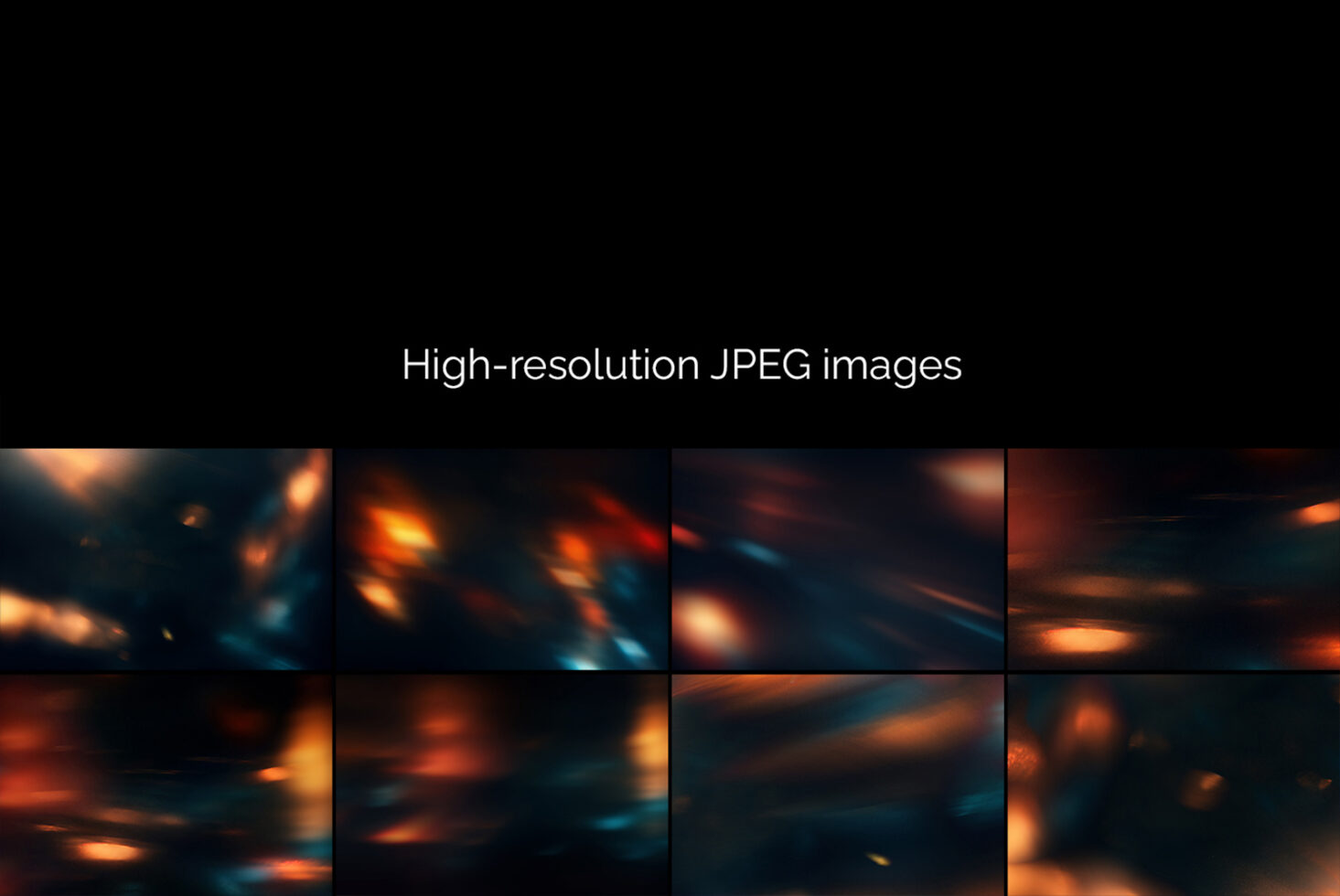Blurred orange, teal, gold bokeh lights on dark background with grid layout