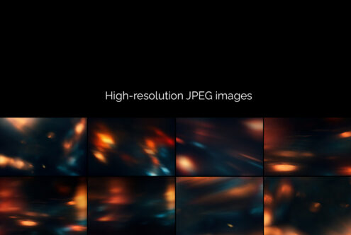 Blurred orange, teal, gold bokeh lights on dark background with grid layout