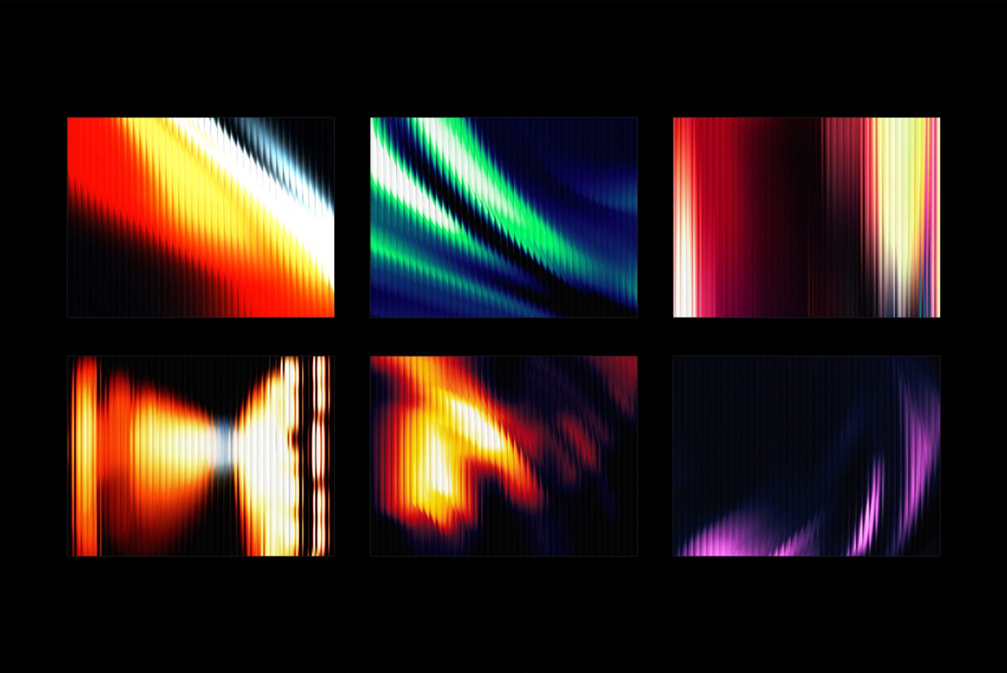 Six vibrant gradient backgrounds with vertical line textures, glitch effects, neon colors shifting across red, yellow, green, blue, purple tones