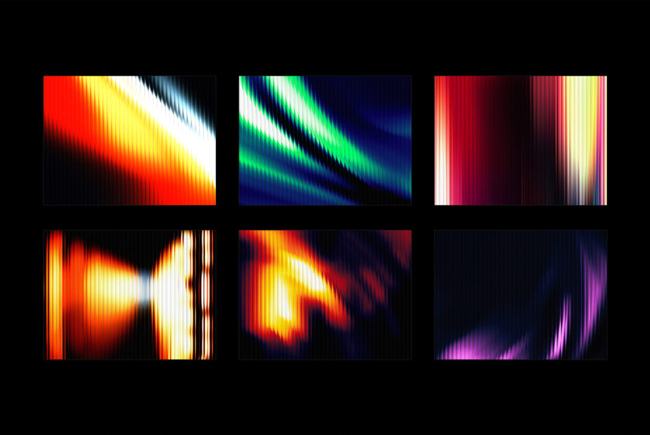 Six vibrant gradient backgrounds with vertical line textures, glitch effects, neon colors shifting across red, yellow, green, blue, purple tones