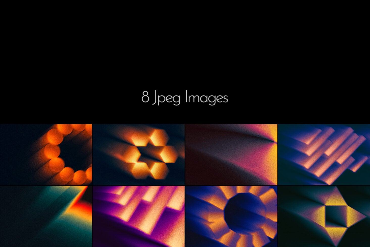 Vibrant 3D renders with glowing gradients, bokeh lights, geometric shapes in neon colors