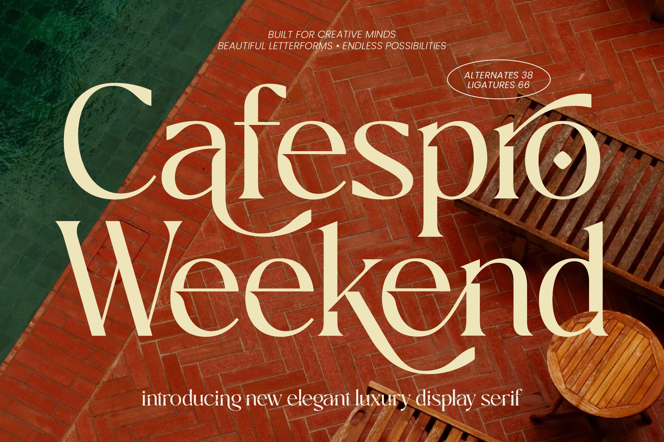 Cafespio Weekend serif font displayed on herringbone brick with wooden bowls, 38 alternates included