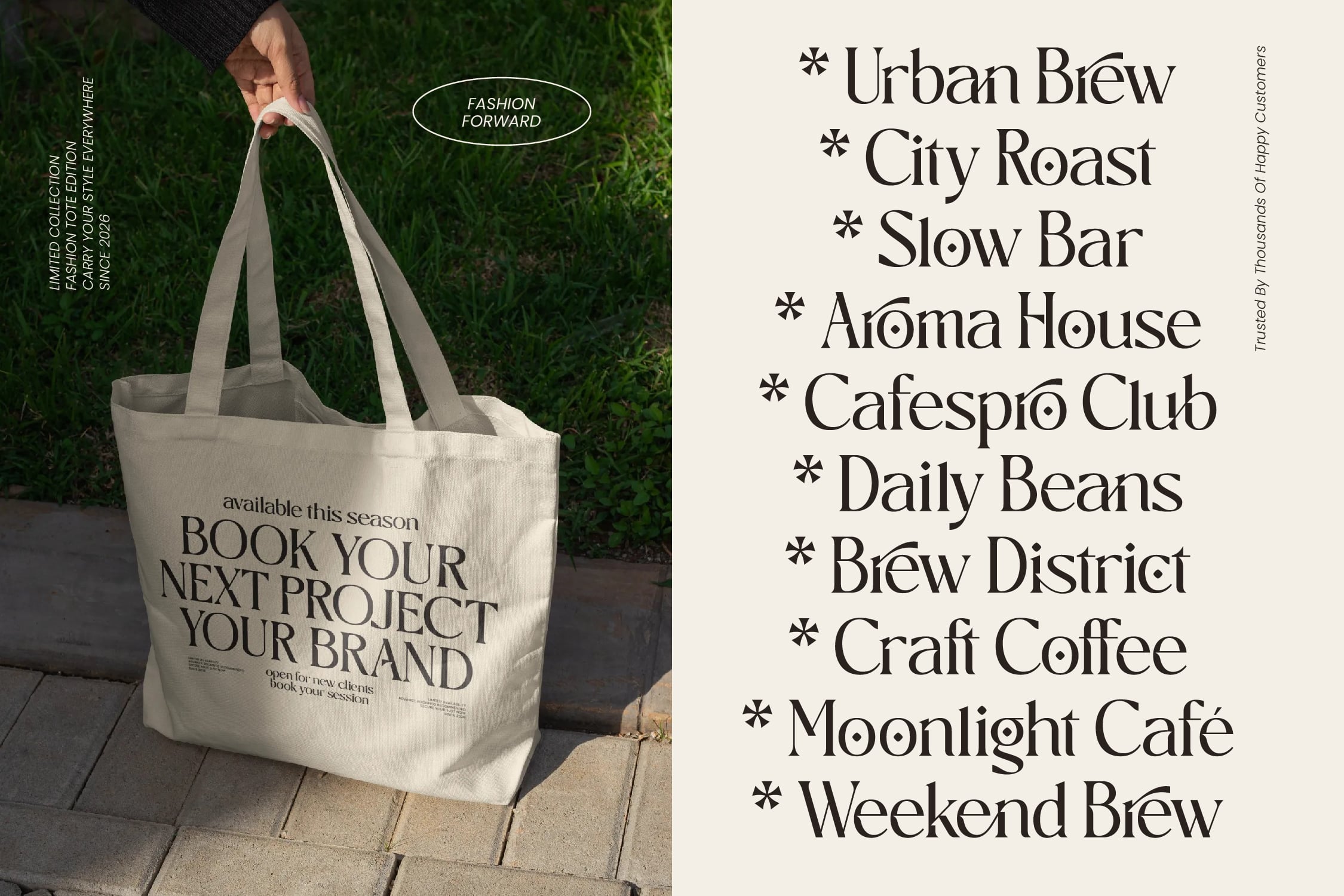 Cream tote bag mockup with branding text, paired with serif font showing coffee shop name options