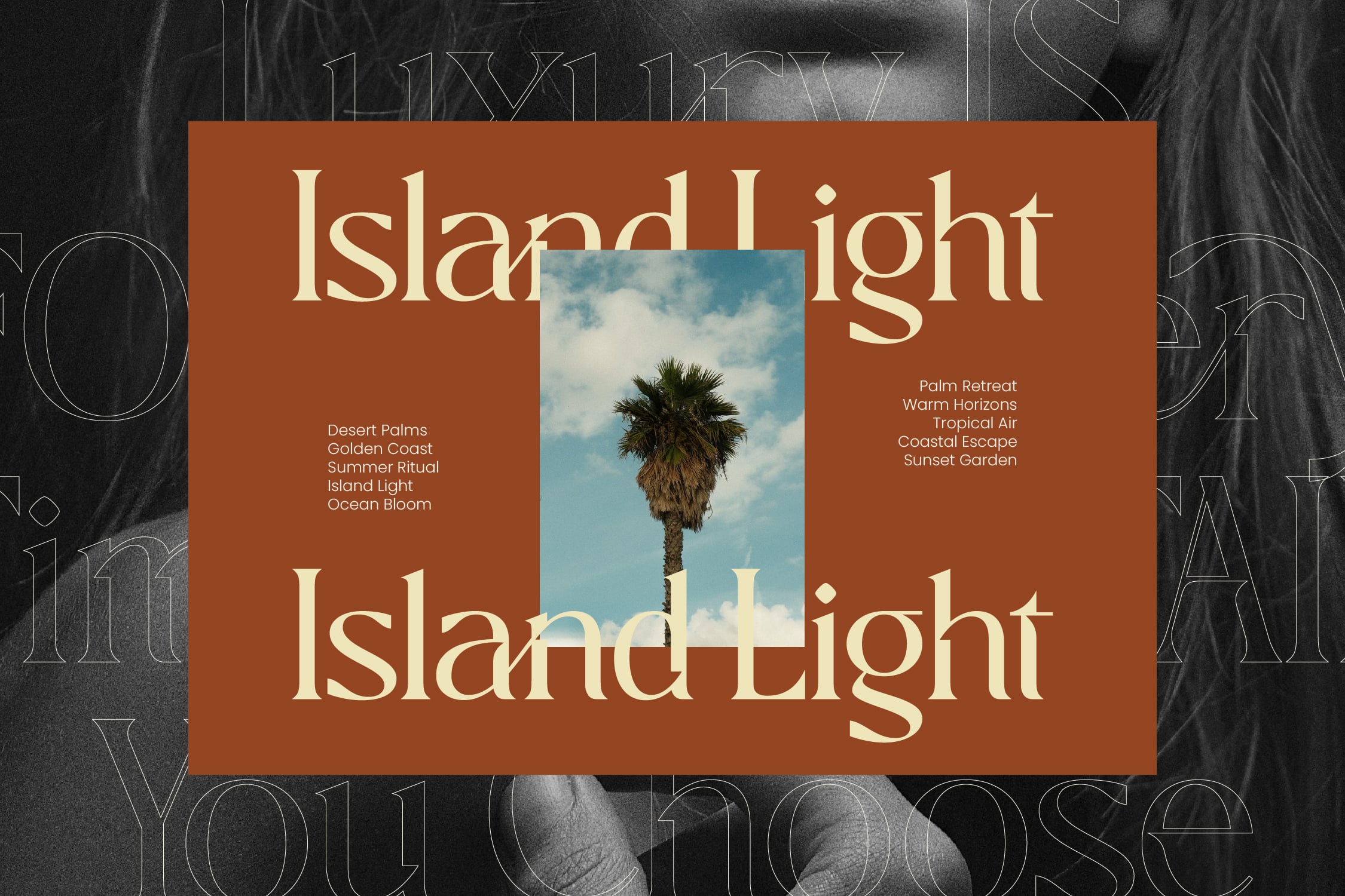 Rust-colored poster with cream serif type, palm tree photo, color name tags on terracotta background