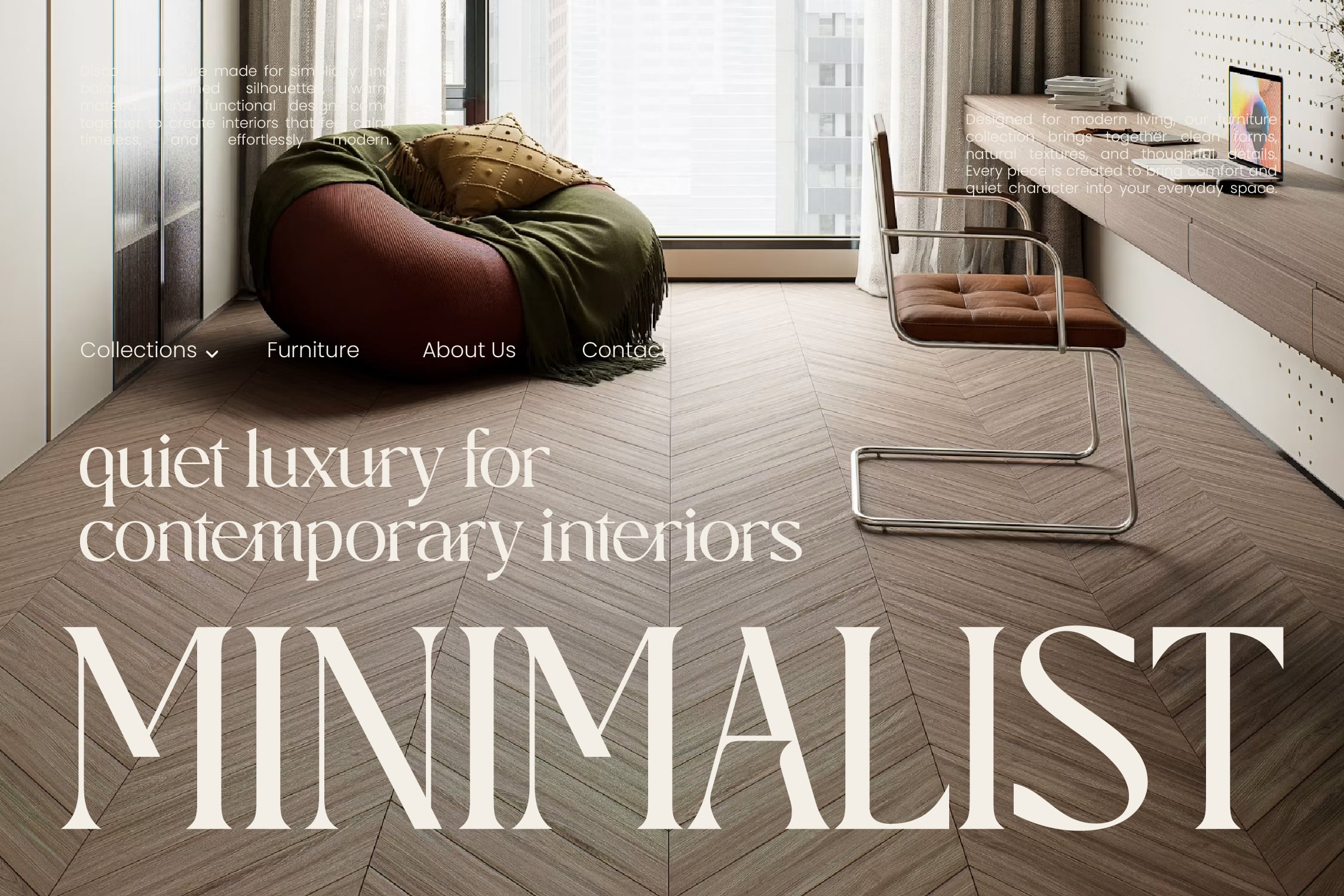 Minimal interior room with burgundy bean bag, metal chair, herringbone wood flooring, natural light from large windows