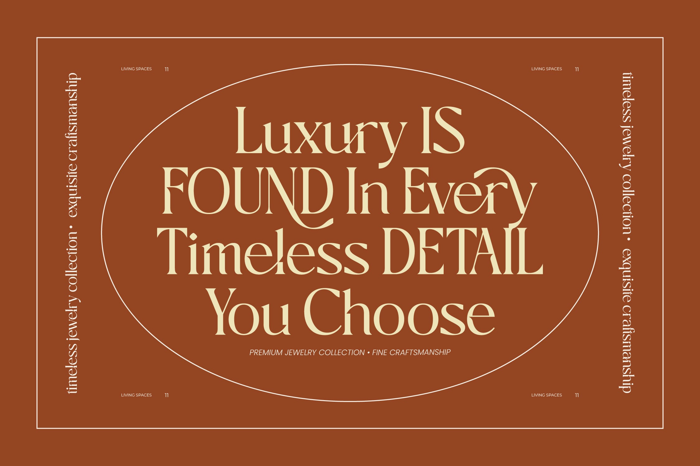 Luxury jewelry ad mockup with elegant serif typography on warm terracotta background with oval frame