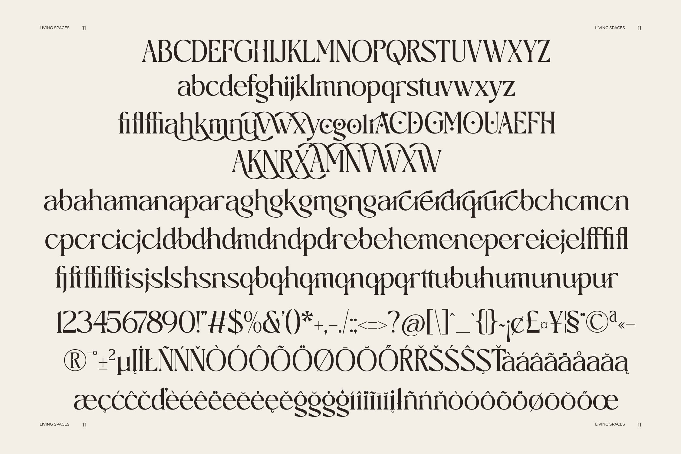 Serif font specimen showing full character set with uppercase, lowercase, numbers, symbols, ligatures