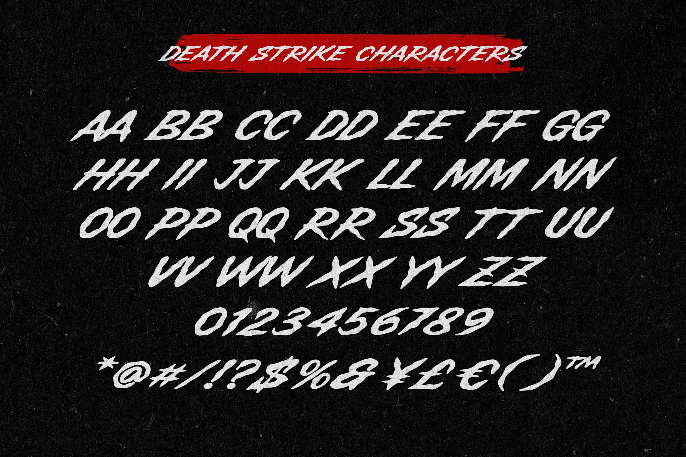Aggressive italic font with full alphabet, numbers, symbols on black textured background with red stripe header