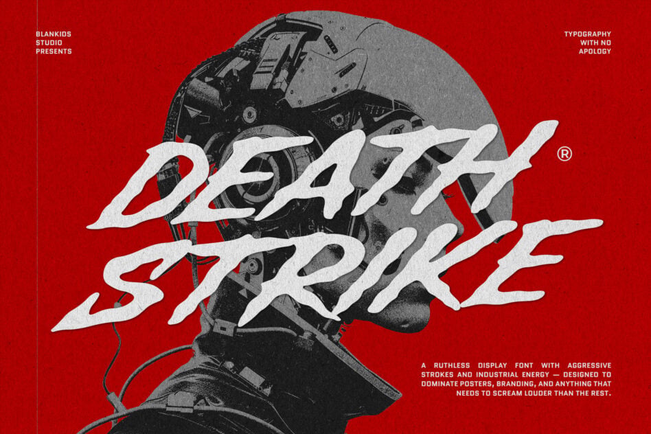 Blankids Studio's aggressive display font layered over industrial imagery with bold white strokes on bright red background