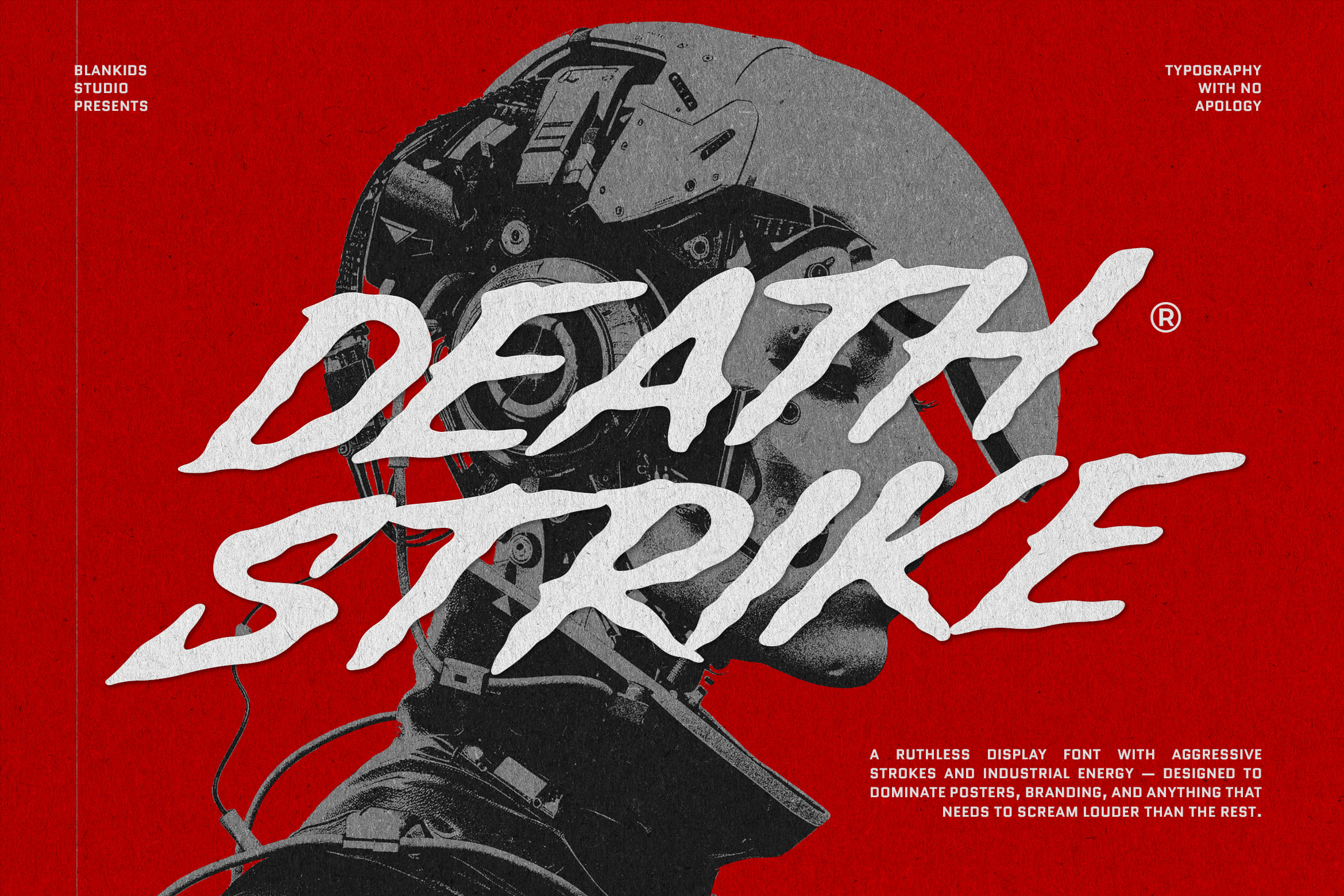 Blankids Studio's aggressive display font layered over industrial imagery with bold white strokes on bright red background