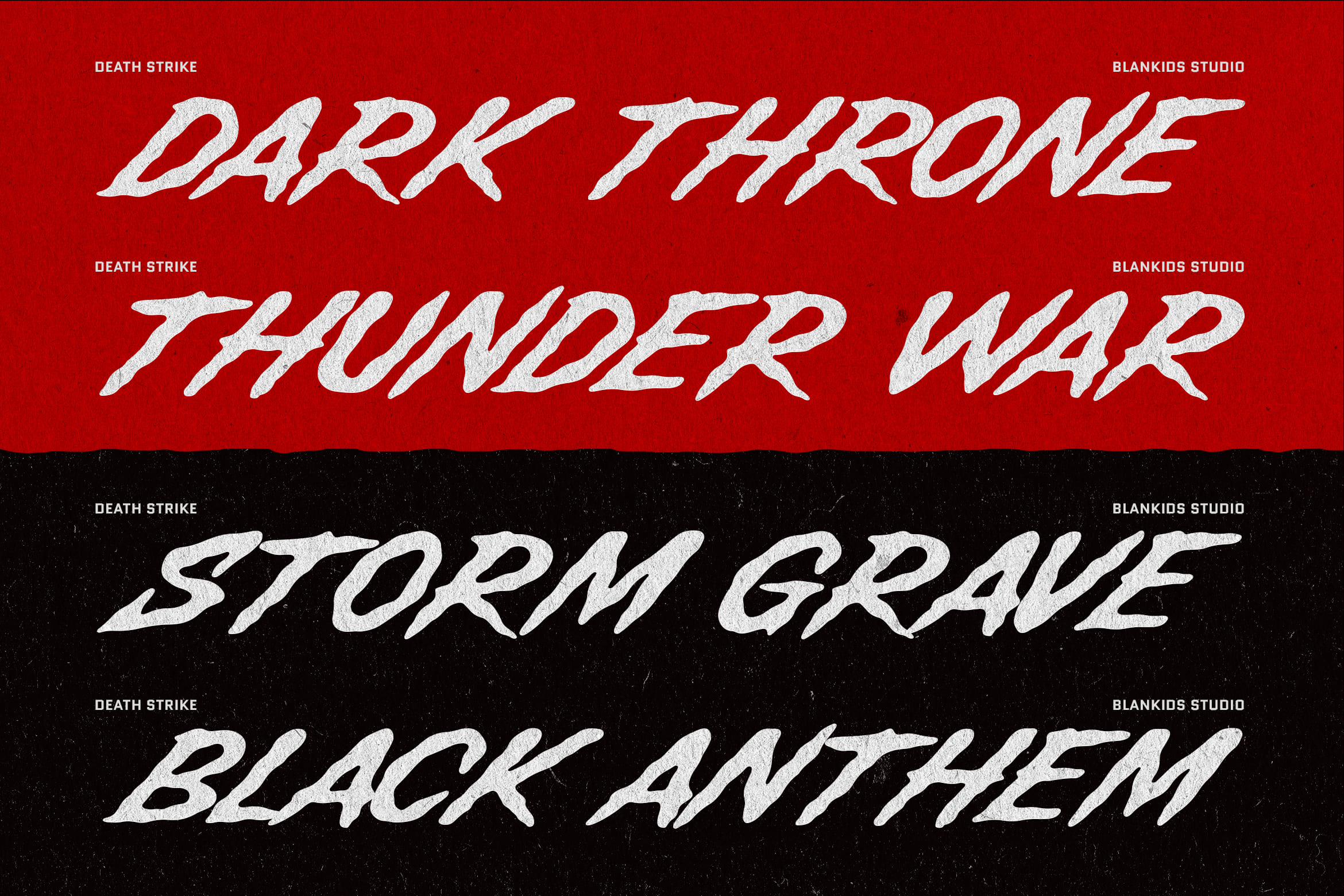 Distressed italic font display with four typeface samples on red plus black backgrounds