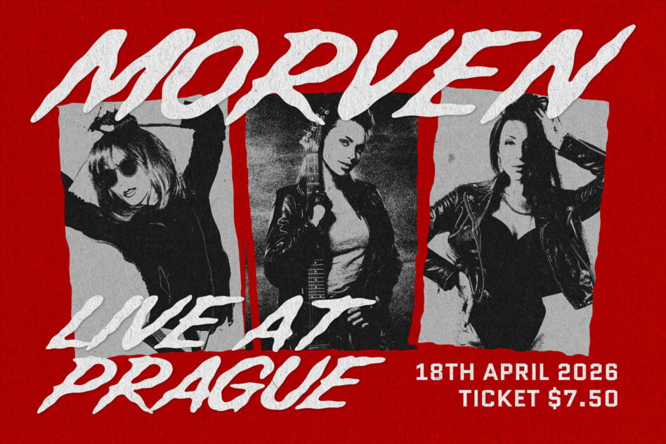 Broken City Prague gig poster with three band members in black white halftone on red background