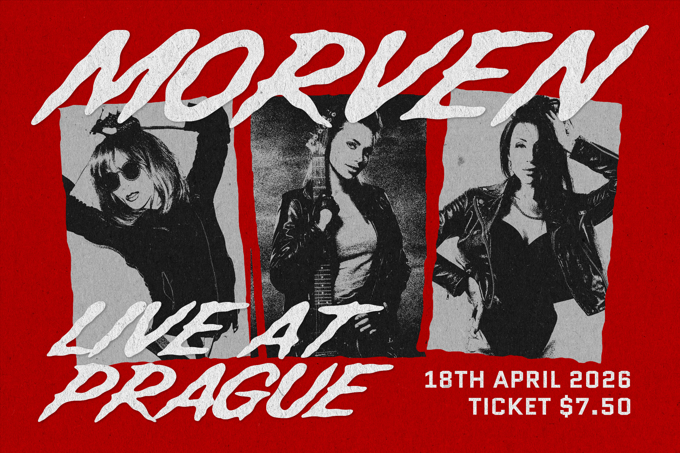 Broken City Prague gig poster with three band members in black white halftone on red background