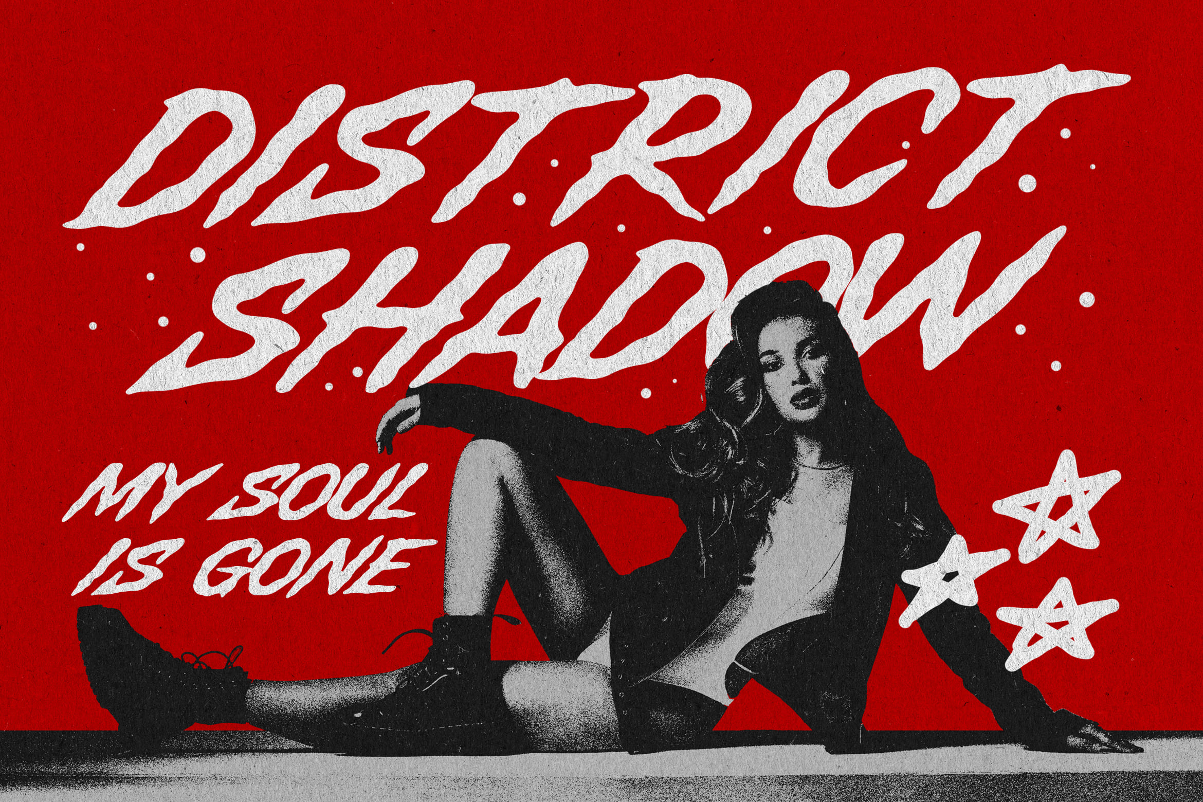 Distressed shadow poster with bold italic text, retro woman pose, stars, grungy red background