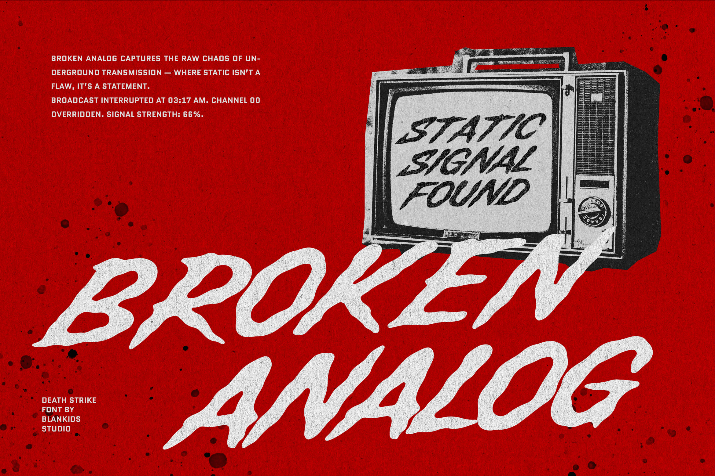 Vintage TV with static signal found text on bright red background with grunge texture