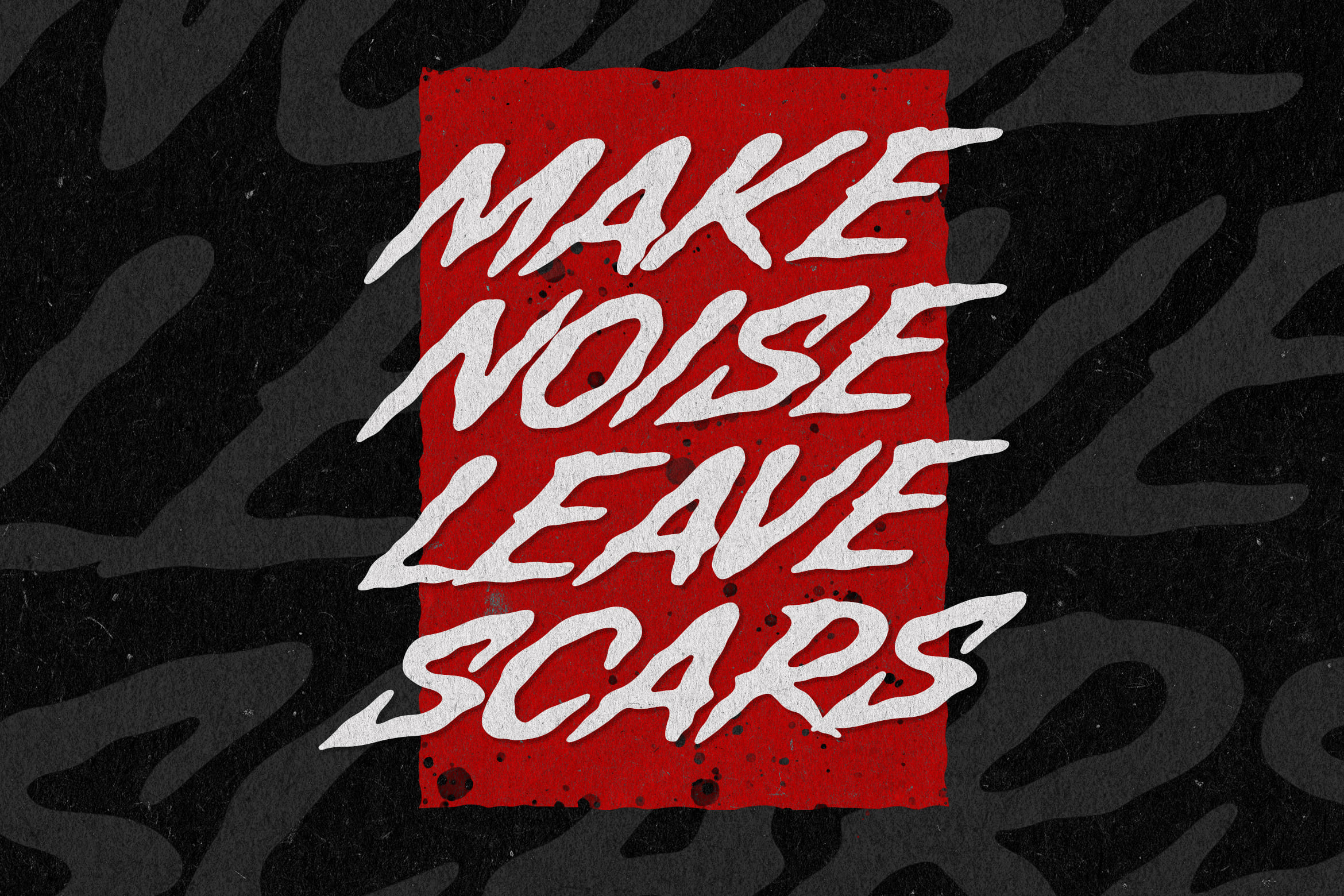 Distressed white italic text stacked on red rectangle over dark zebra stripe background