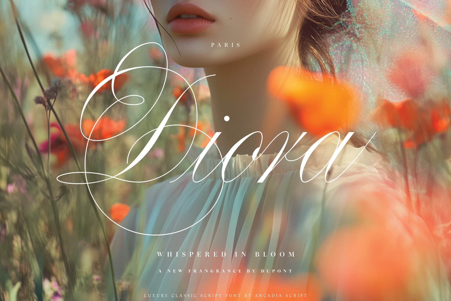 Dreamy floral portrait with elegant script overlay, soft focus wildflowers, Paris fragrance design mockup
