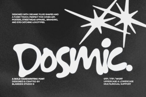 Dogsmic bold handwriting font with organic blob shapes on dark textured background