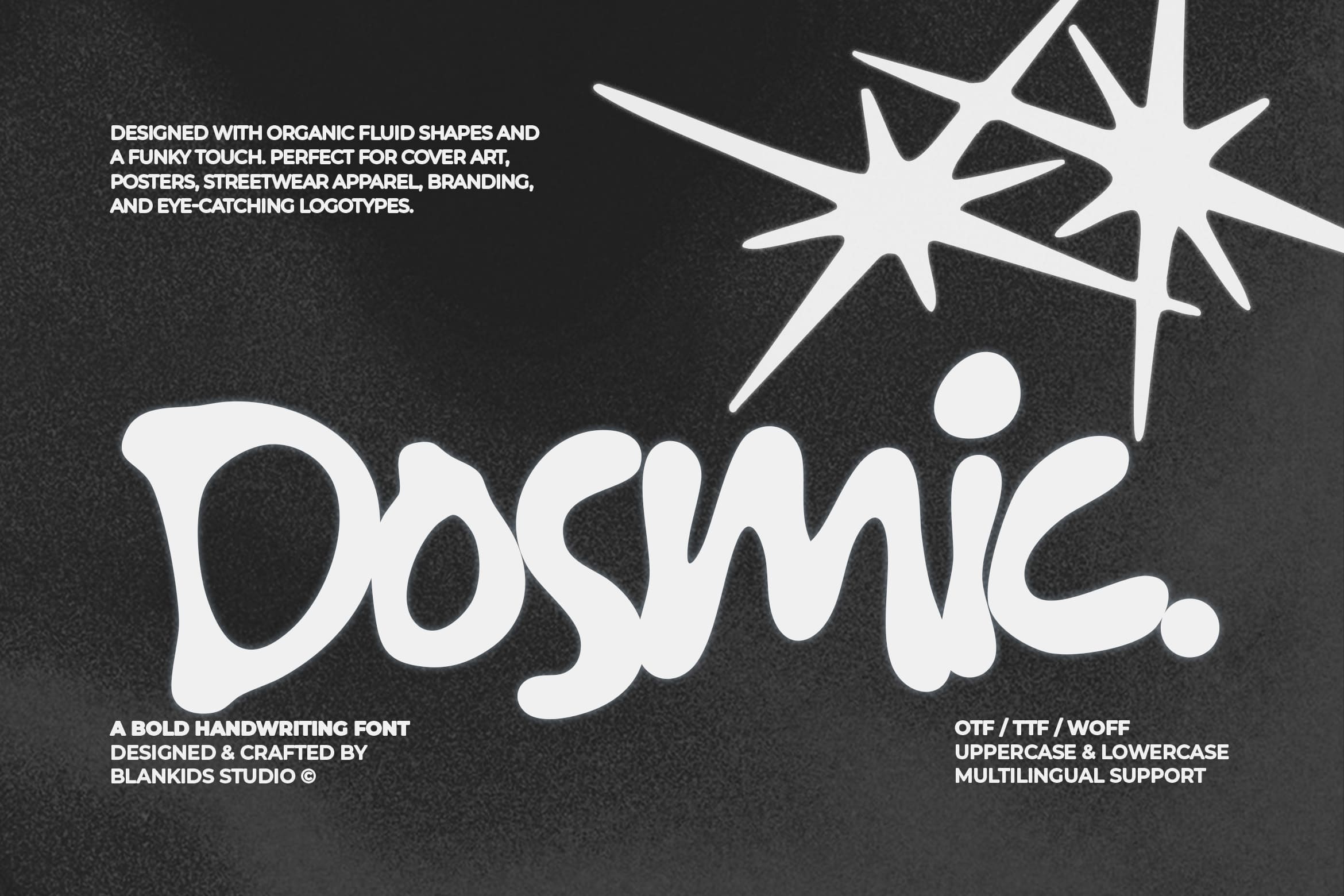Dogsmic bold handwriting font with organic blob shapes on dark textured background
