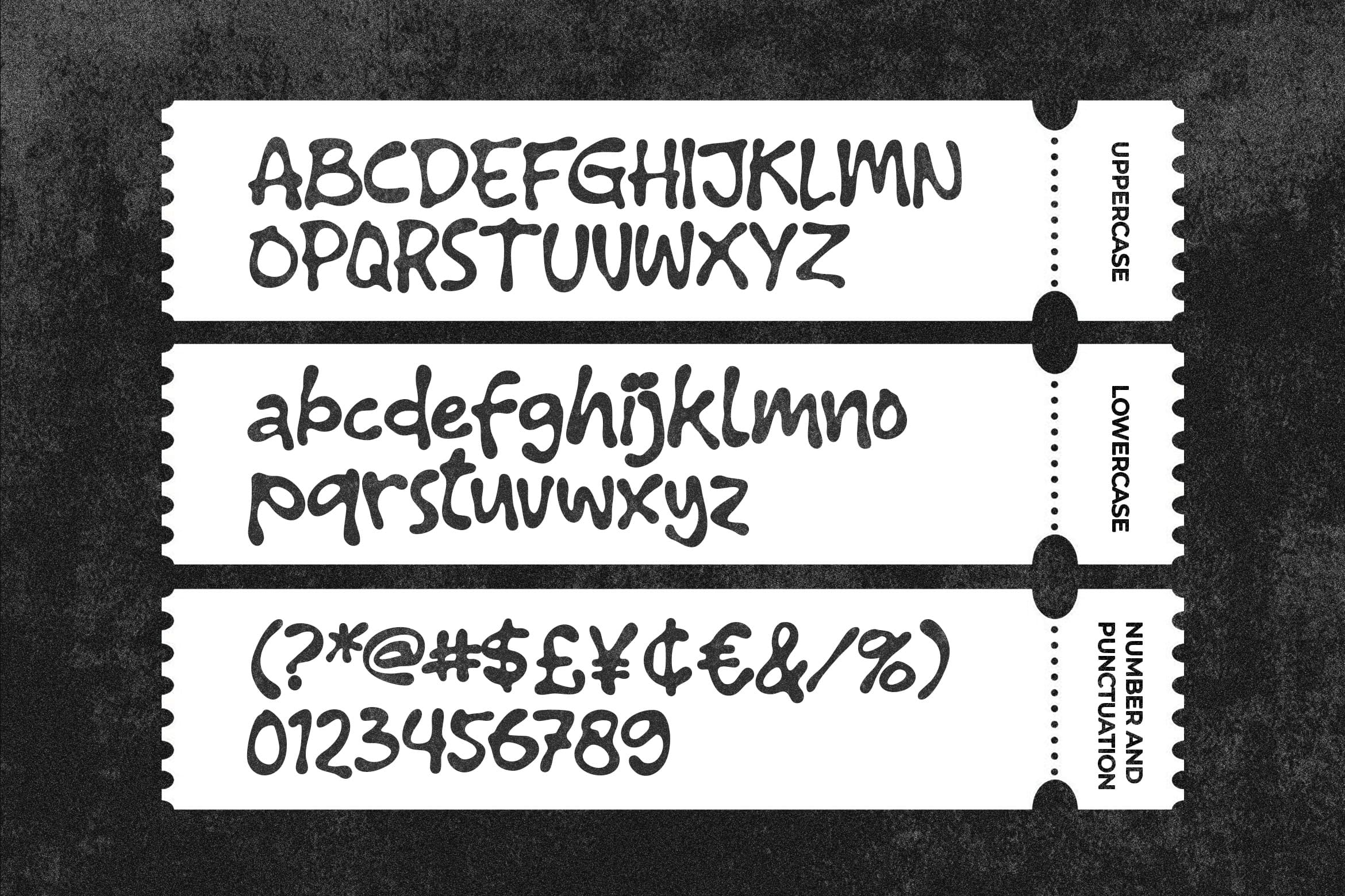 Casual handwritten font with uppercase, lowercase, numbers plus symbols on textured background